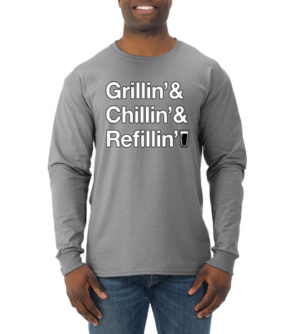 Grillin Chillin and Refillin Funny BBQ Beer Drinking Mens Long Sleeve Shirt