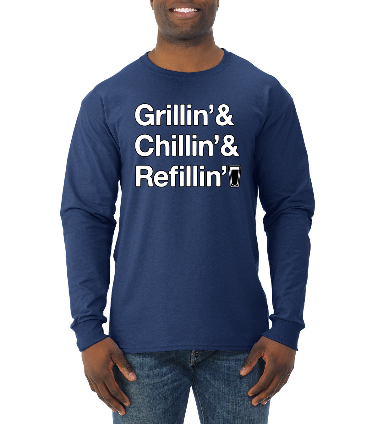 Grillin Chillin and Refillin Funny BBQ Beer Drinking Mens Long Sleeve Shirt