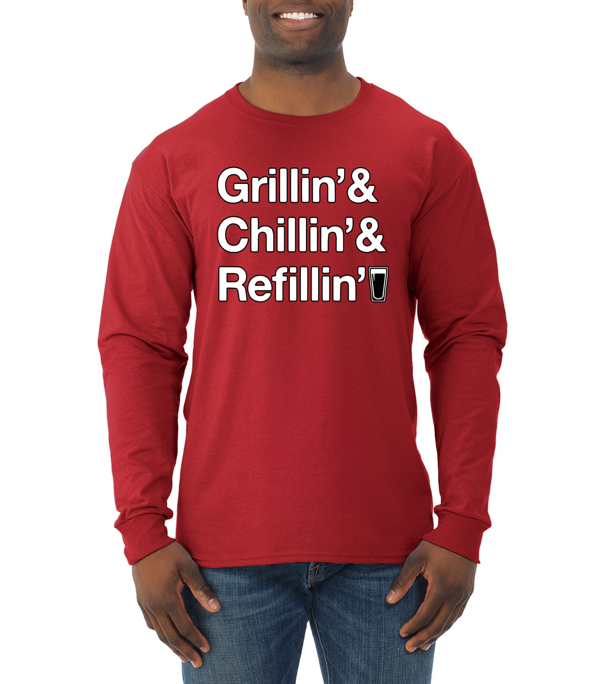 Grillin Chillin and Refillin Funny BBQ Beer Drinking Mens Long Sleeve Shirt
