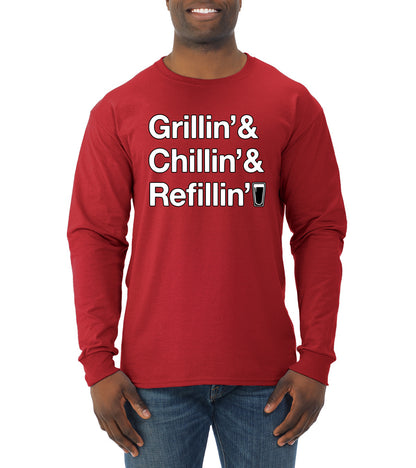 Grillin Chillin and Refillin Funny BBQ Beer Drinking Mens Long Sleeve Shirt