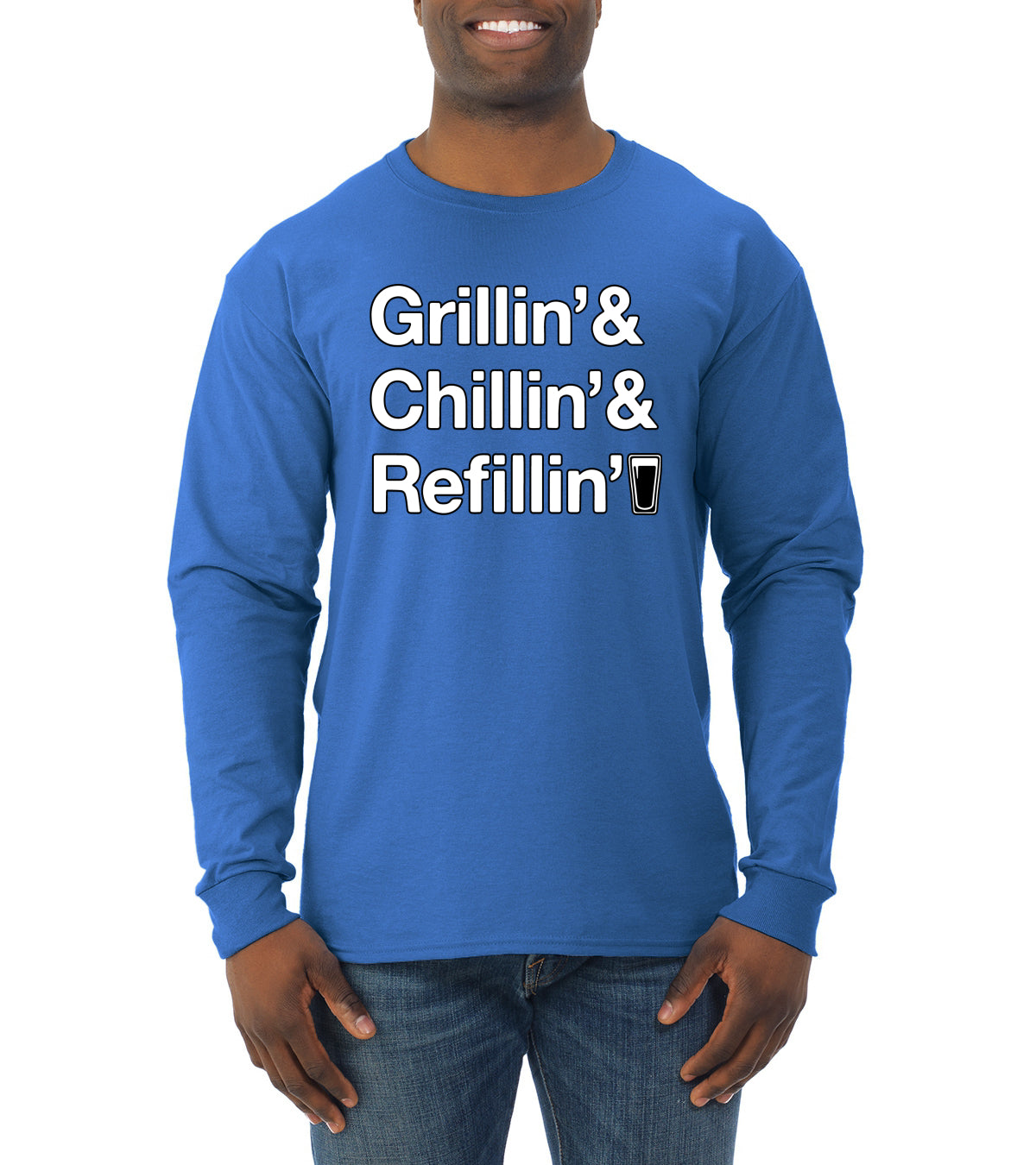 Grillin Chillin and Refillin Funny BBQ Beer Drinking Mens Long Sleeve Shirt