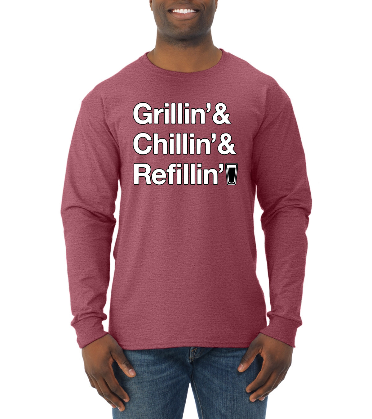 Grillin Chillin and Refillin Funny BBQ Beer Drinking Mens Long Sleeve Shirt