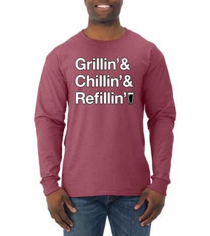 Grillin Chillin and Refillin Funny BBQ Beer Drinking Mens Long Sleeve Shirt